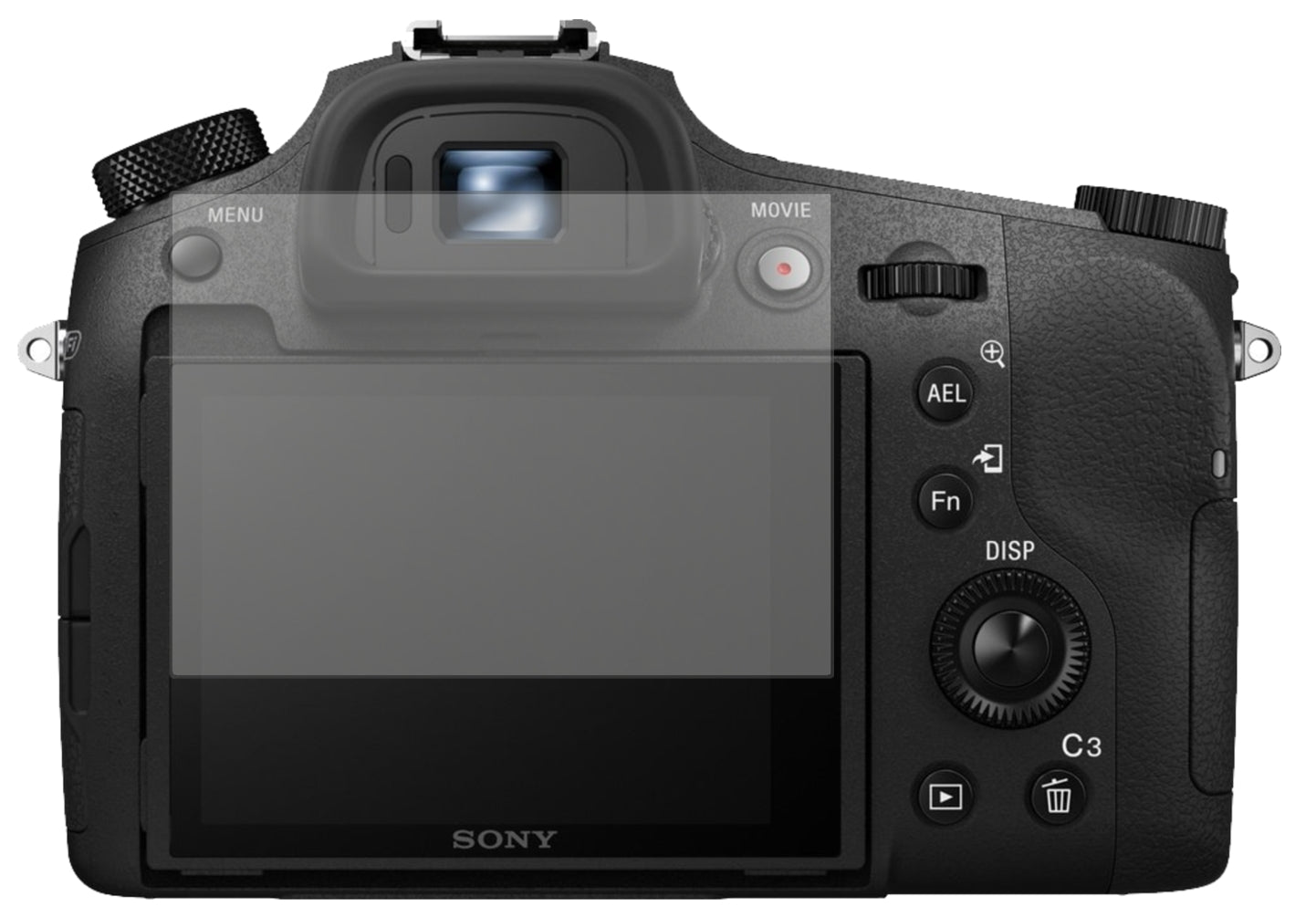 SonyCyber-Shot DSC-RX10 mit aufgebrachter dipos Displayschutzfolie, die lästige Fingerabdrücke minimiert