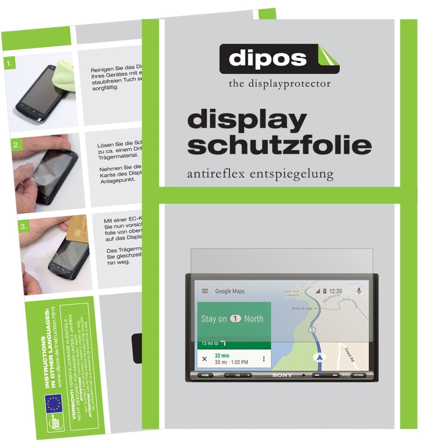 SonyXAV-AX3005 Auto-Radio mit aufgebrachter dipos Displayschutzfolie, die lästige Fingerabdrücke minimiert