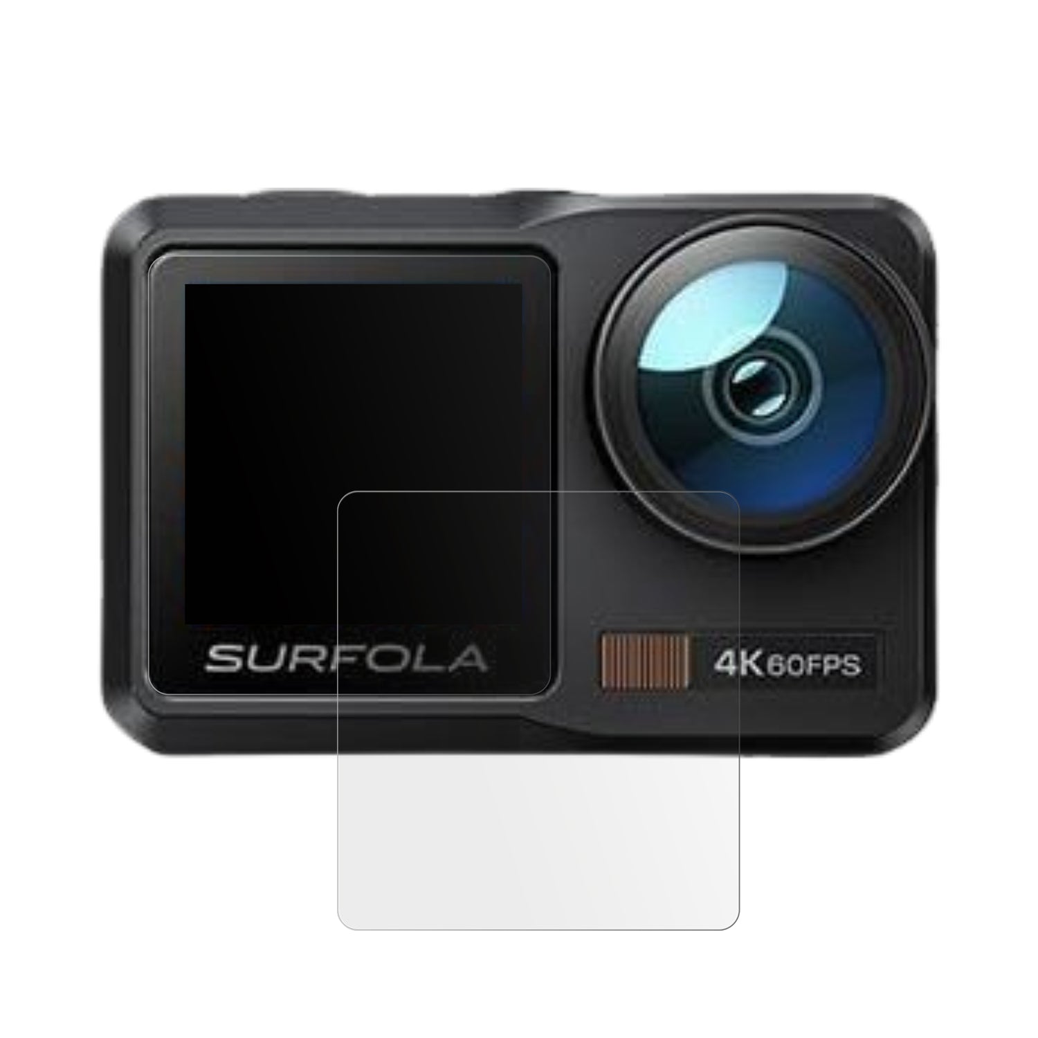 SurfolaAction Cam 4K mit aufgebrachter dipos Displayschutzfolie, die lästige Fingerabdrücke minimiert