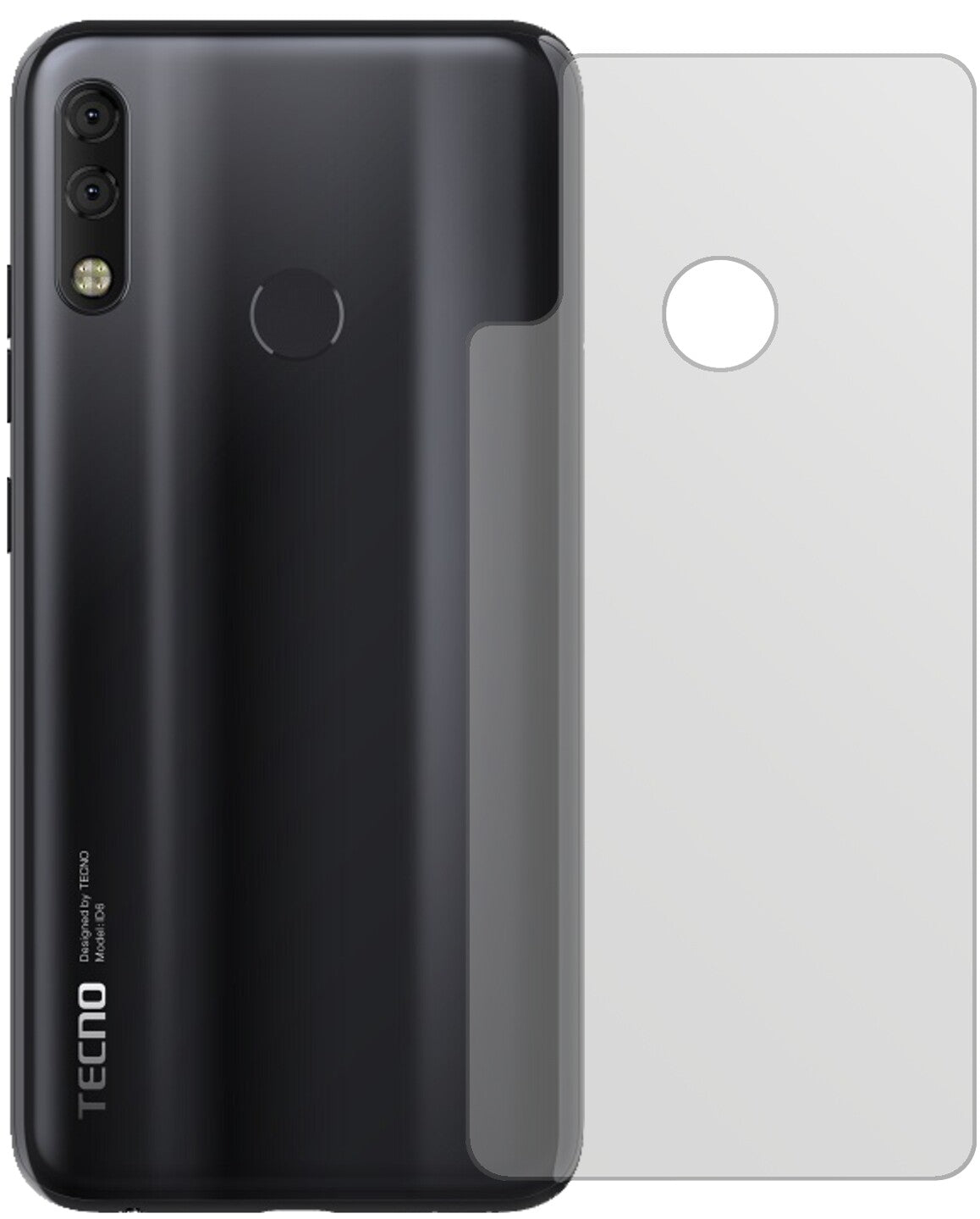 TecnoCamon 11 Pro Rückseite mit aufgebrachter dipos Displayschutzfolie, die lästige Fingerabdrücke minimiert
