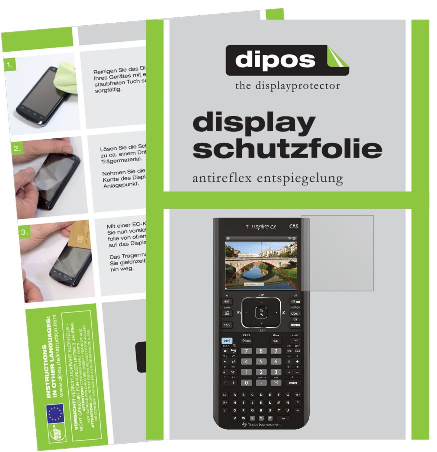 TexasInstruments TI Nspire CX CAS Taschenrechner mit aufgebrachter dipos Displayschutzfolie, die lästige Fingerabdrücke minimiert