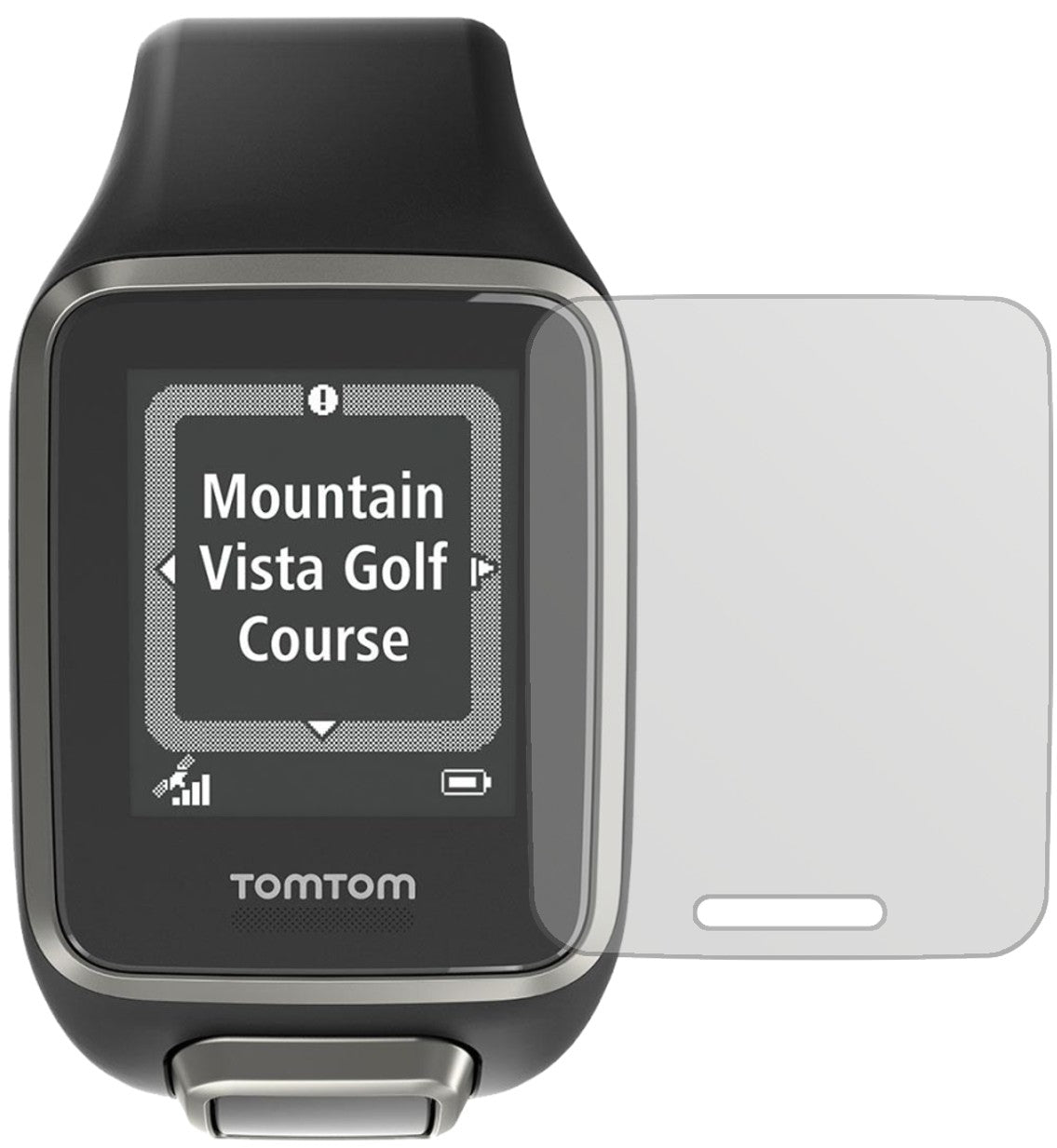 TomTomGolfer 2 mit aufgebrachter dipos Displayschutzfolie, die lästige Fingerabdrücke minimiert