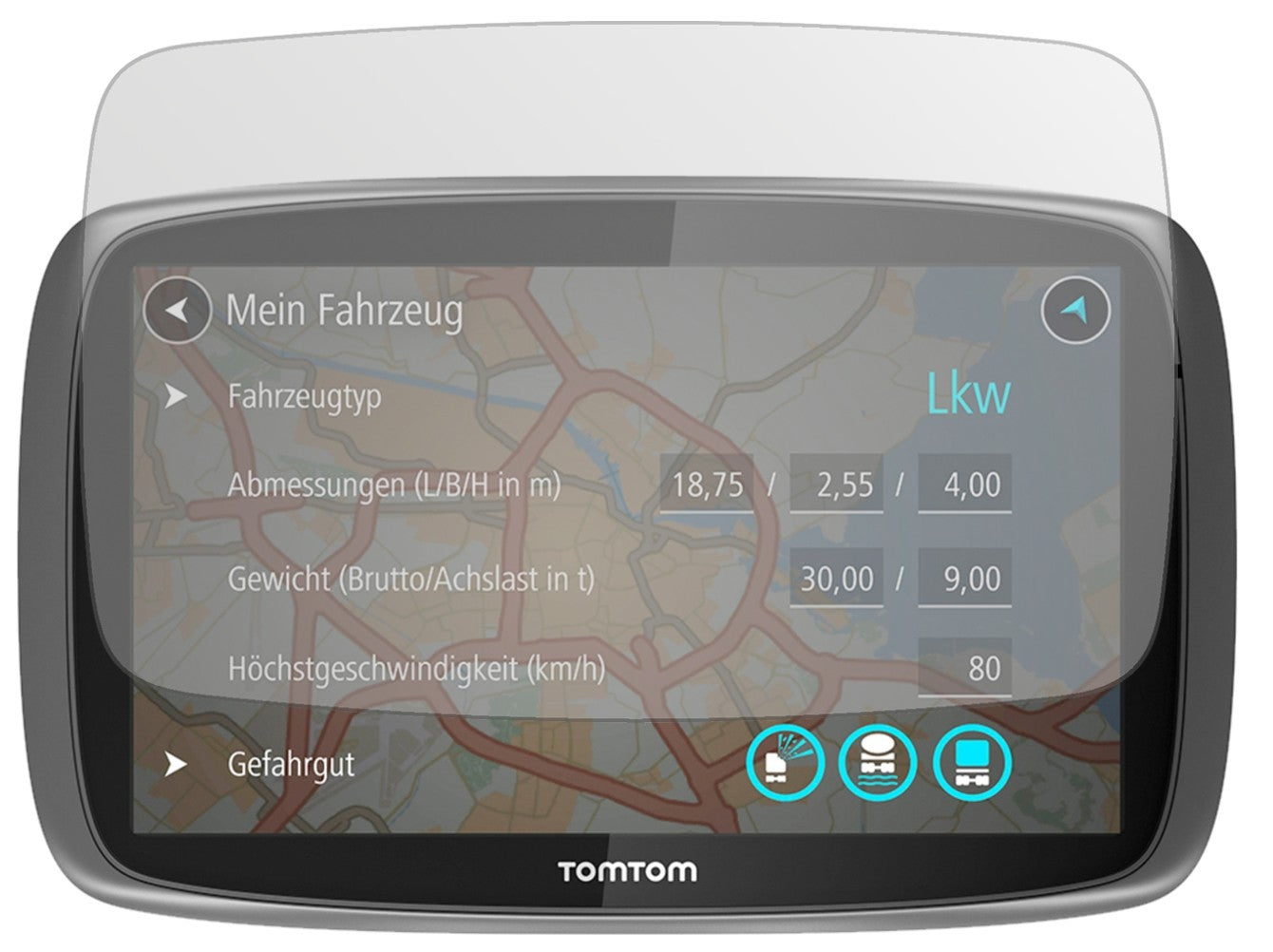 TomTomTrucker 6000 mit aufgebrachter dipos Displayschutzfolie, die lästige Fingerabdrücke minimiert