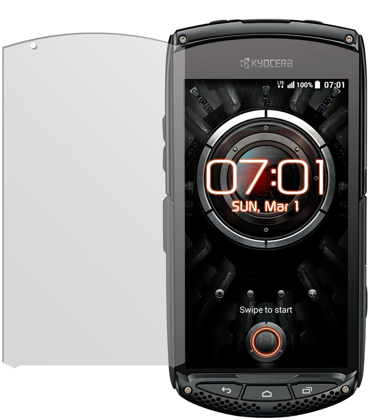 Torque KC-S701Kyocera mit aufgebrachter dipos Displayschutzfolie, die lästige Fingerabdrücke minimiert
