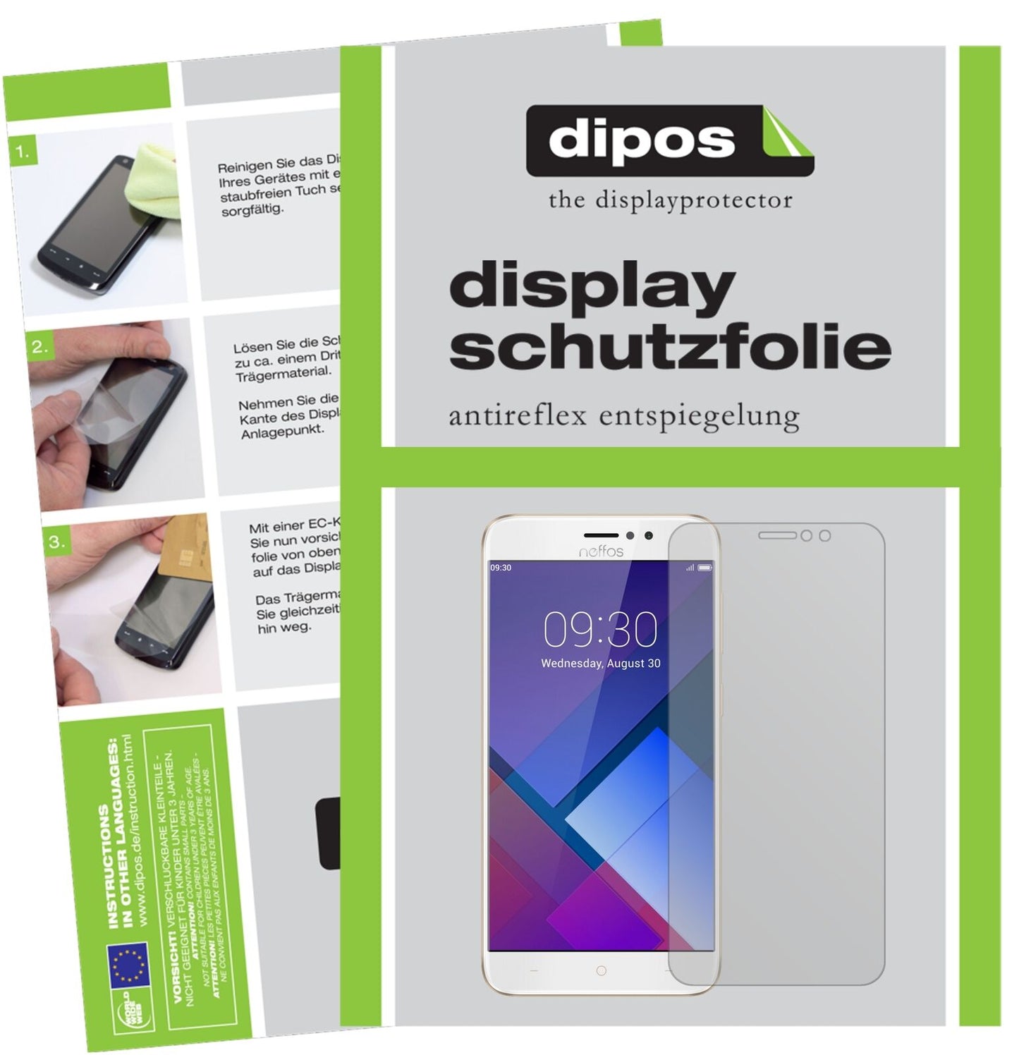 TP-LinkNeffos C7 mit aufgebrachter dipos Displayschutzfolie, die lästige Fingerabdrücke minimiert