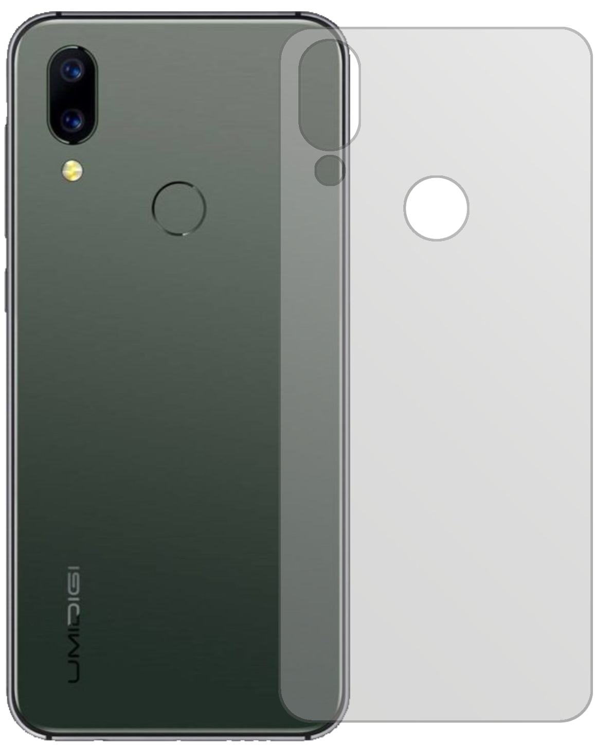 UmidigiA3S Rückseite mit aufgebrachter dipos Displayschutzfolie, die lästige Fingerabdrücke minimiert