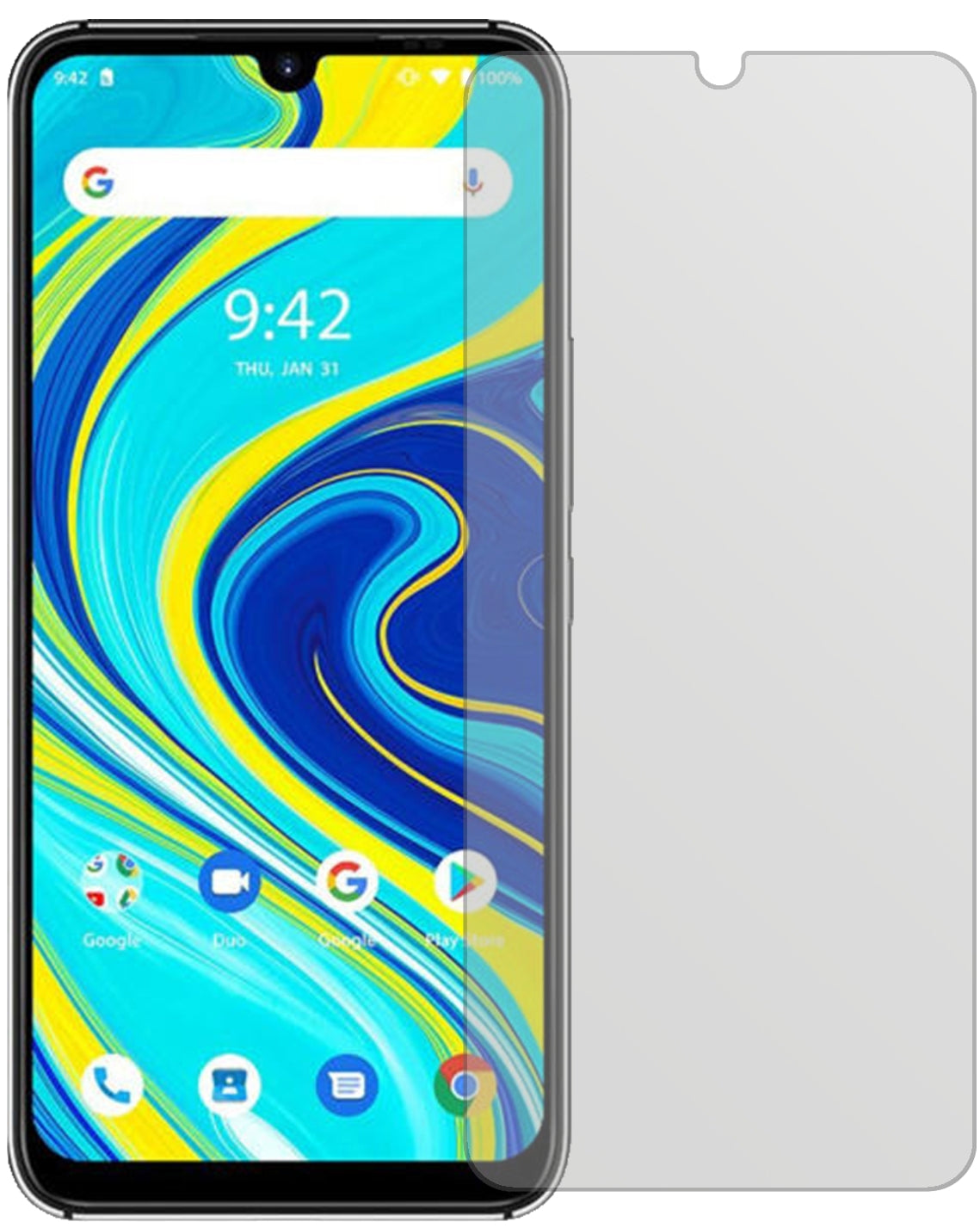 UmidigiA7 Pro mit aufgebrachter dipos Displayschutzfolie, die lästige Fingerabdrücke minimiert