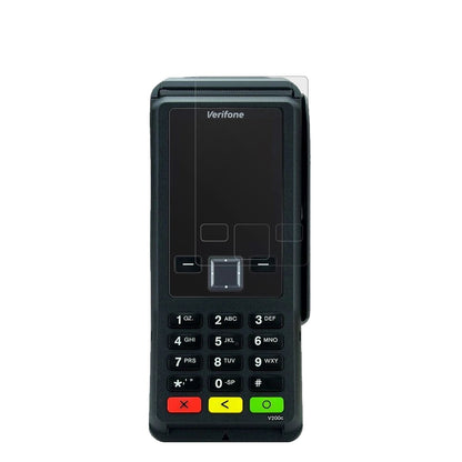 VerifoneV200c mit aufgebrachter dipos Displayschutzfolie, die lästige Fingerabdrücke minimiert