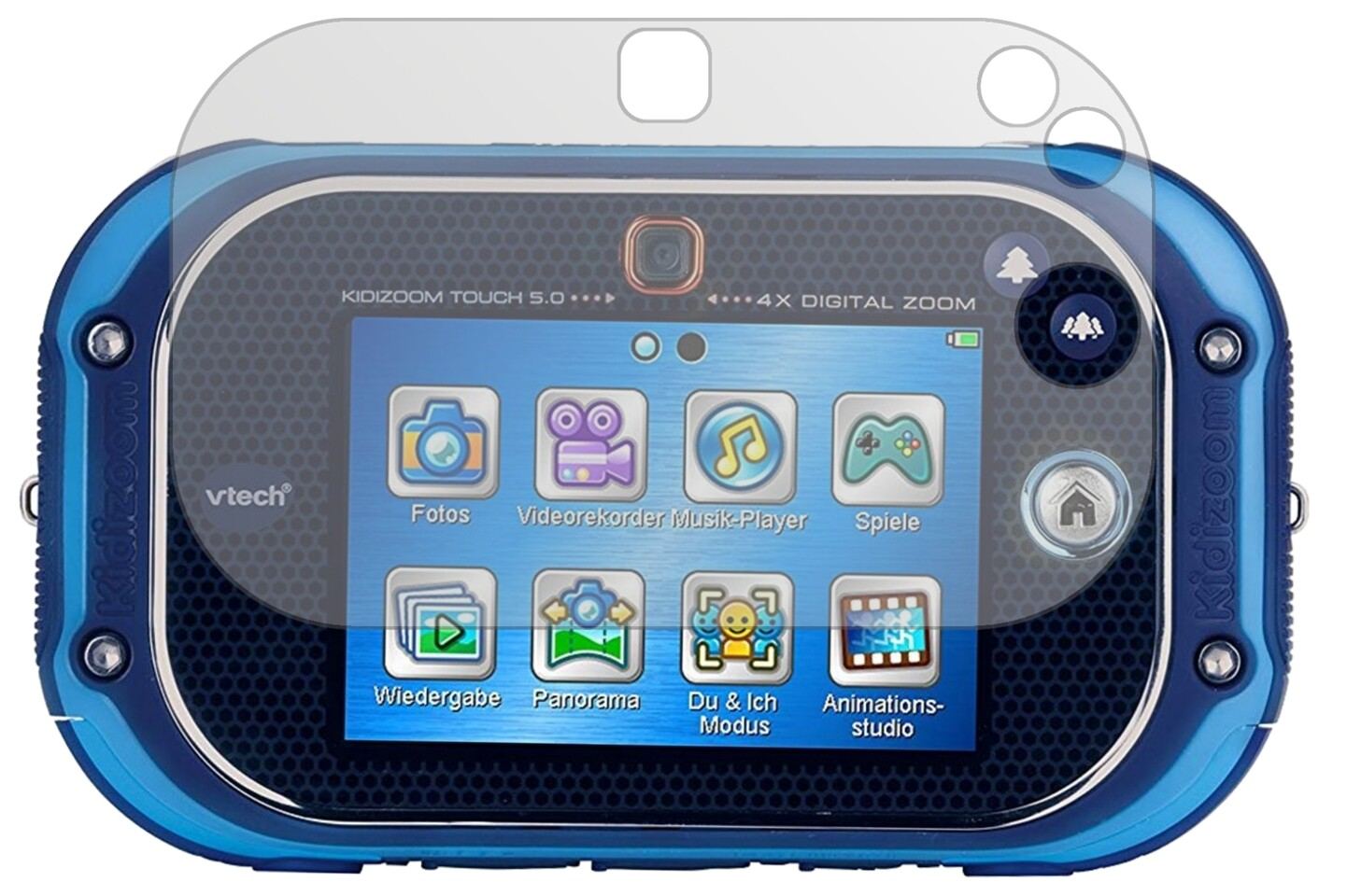 VtechKidizoom Touch 5.0 mit aufgebrachter dipos Displayschutzfolie, die lästige Fingerabdrücke minimiert
