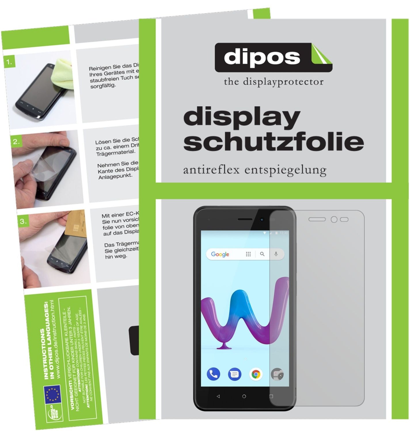 WikoSunny 3 mit aufgebrachter dipos Displayschutzfolie, die lästige Fingerabdrücke minimiert