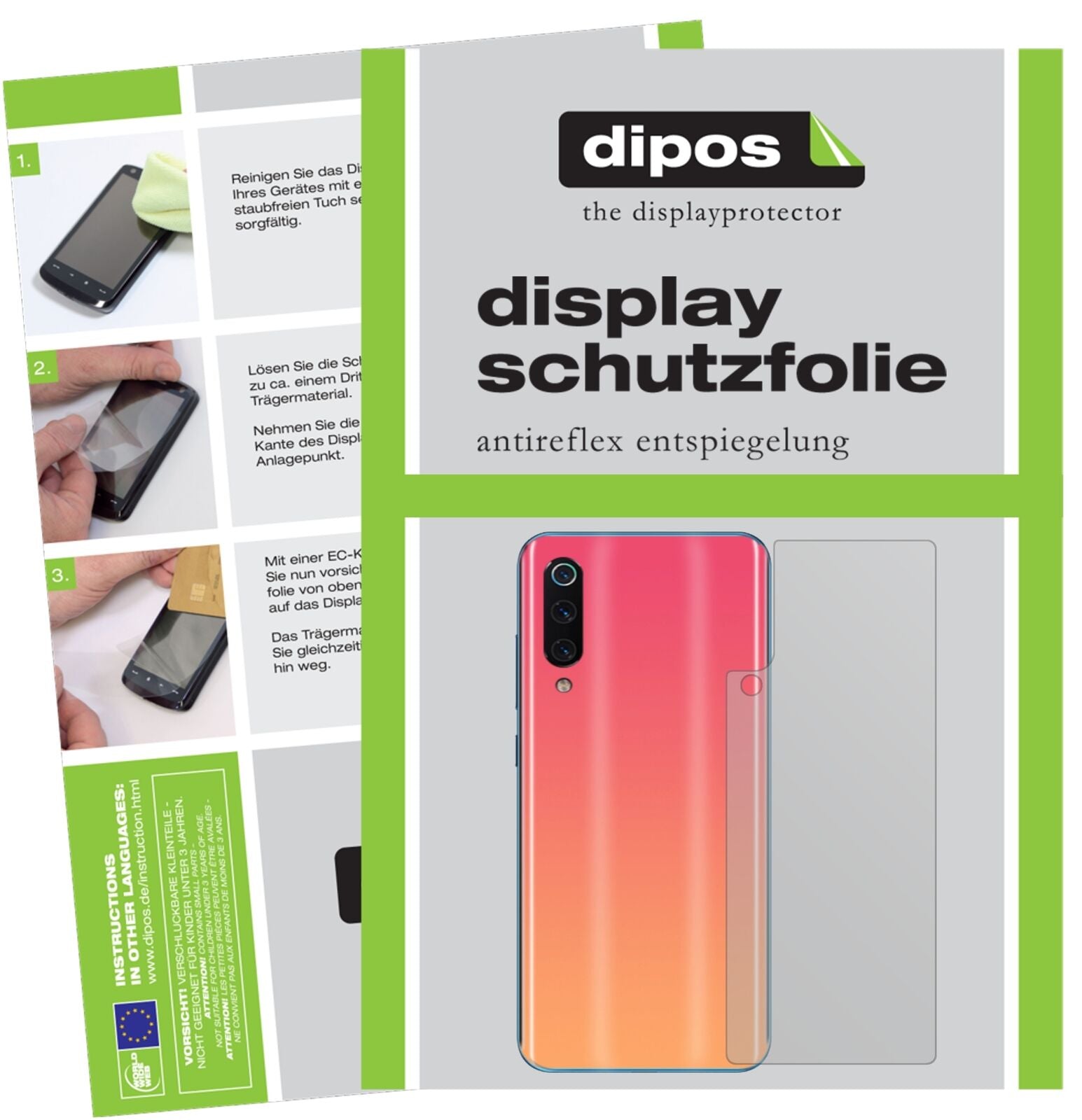 XiaomiMi 9 SE Rückseite mit aufgebrachter dipos Displayschutzfolie, die lästige Fingerabdrücke minimiert