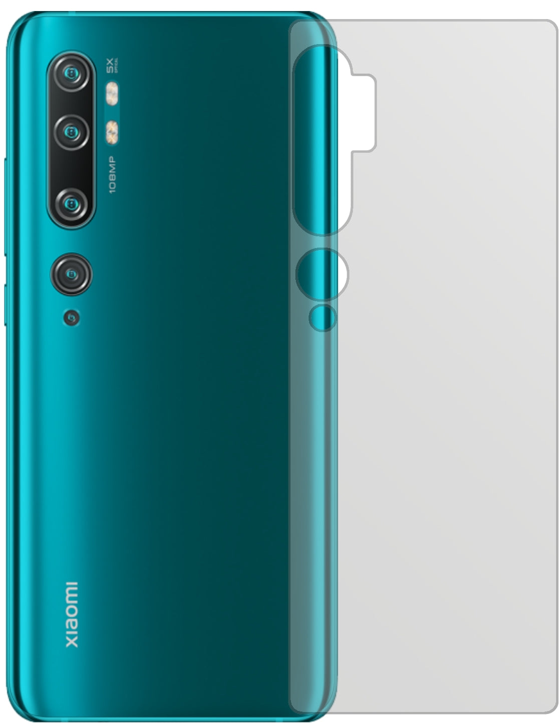 XiaomiMi Note 10 Rückseite mit aufgebrachter dipos Displayschutzfolie, die lästige Fingerabdrücke minimiert
