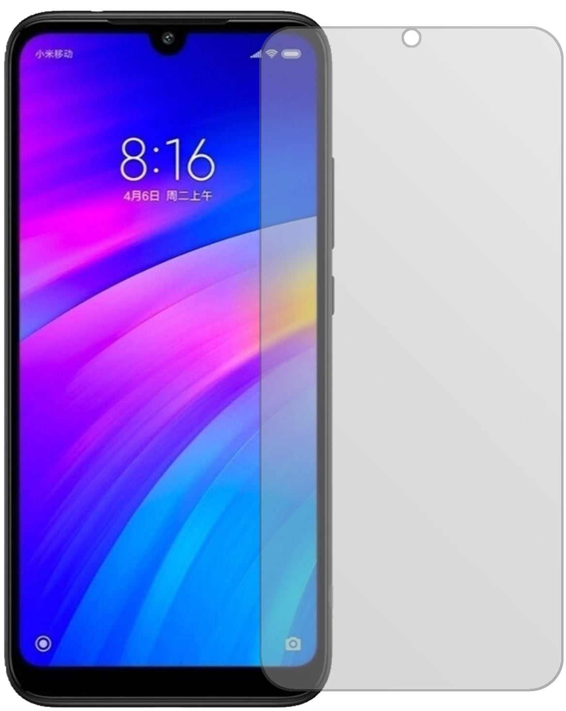 XiaomiRedmi 7 mit aufgebrachter dipos Displayschutzfolie, die lästige Fingerabdrücke minimiert