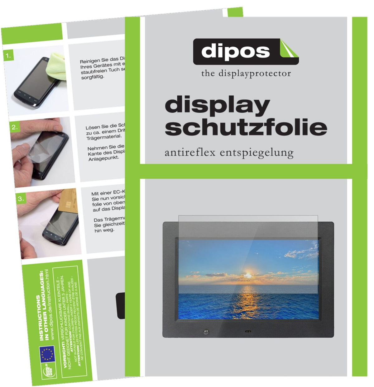 XoroDPF 10B1 mit aufgebrachter dipos Displayschutzfolie, die lästige Fingerabdrücke minimiert