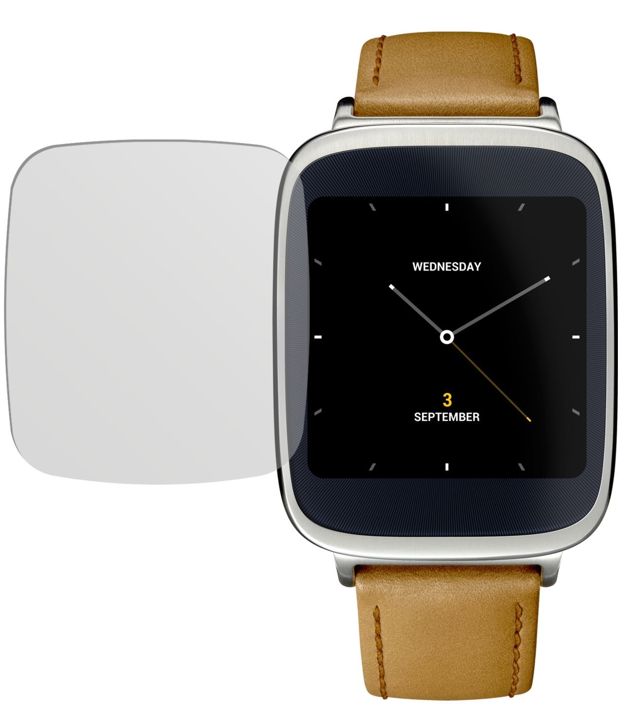ZenWatchAsus mit aufgebrachter dipos Displayschutzfolie, die lästige Fingerabdrücke minimiert