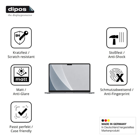Matte Displayschutzfolie von dipos passend für Apple MacBook Air M2 13 Zoll 2022, 9H kratzfest und blasenfrei montiert