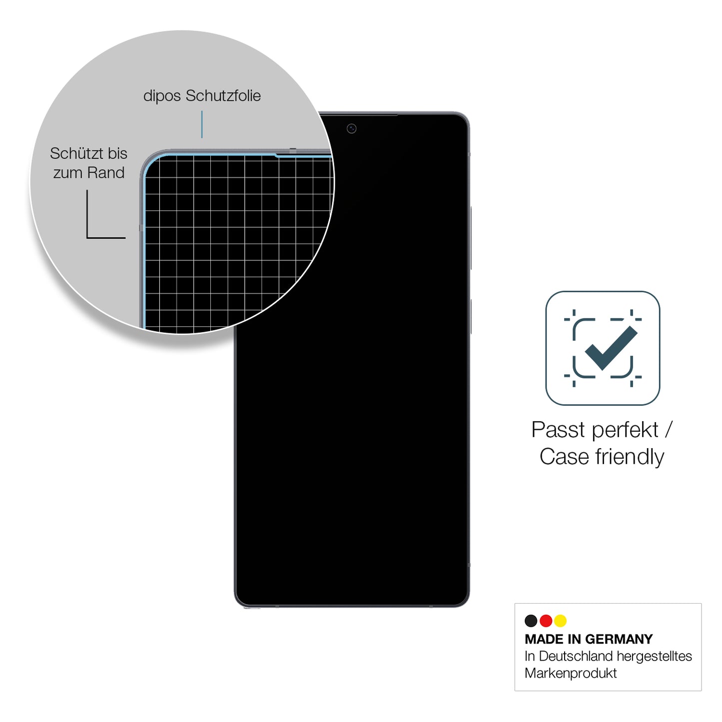 Schutzglasfolie mit optimaler Passform, zur Verwendung mit Hüllen geeignet