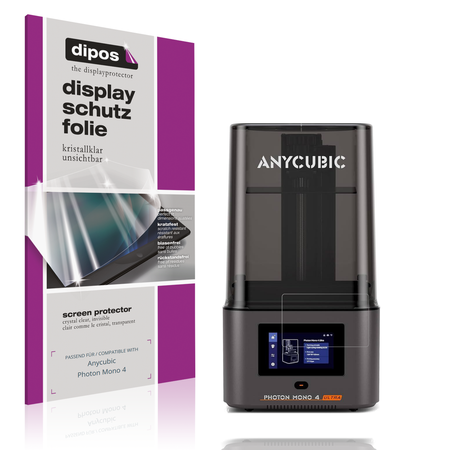 Klare Displayschutzfolie von dipos passend für Anycubic Photon Mono 4, präziser Zuschnitt und blasenfrei montiert