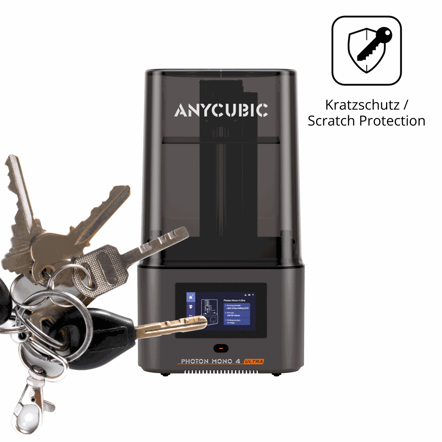 Schutz gegen Kratzer auf dem Anycubic Photon Mono 4 Ultra Glas durch Schlüssel oder Ähnliches