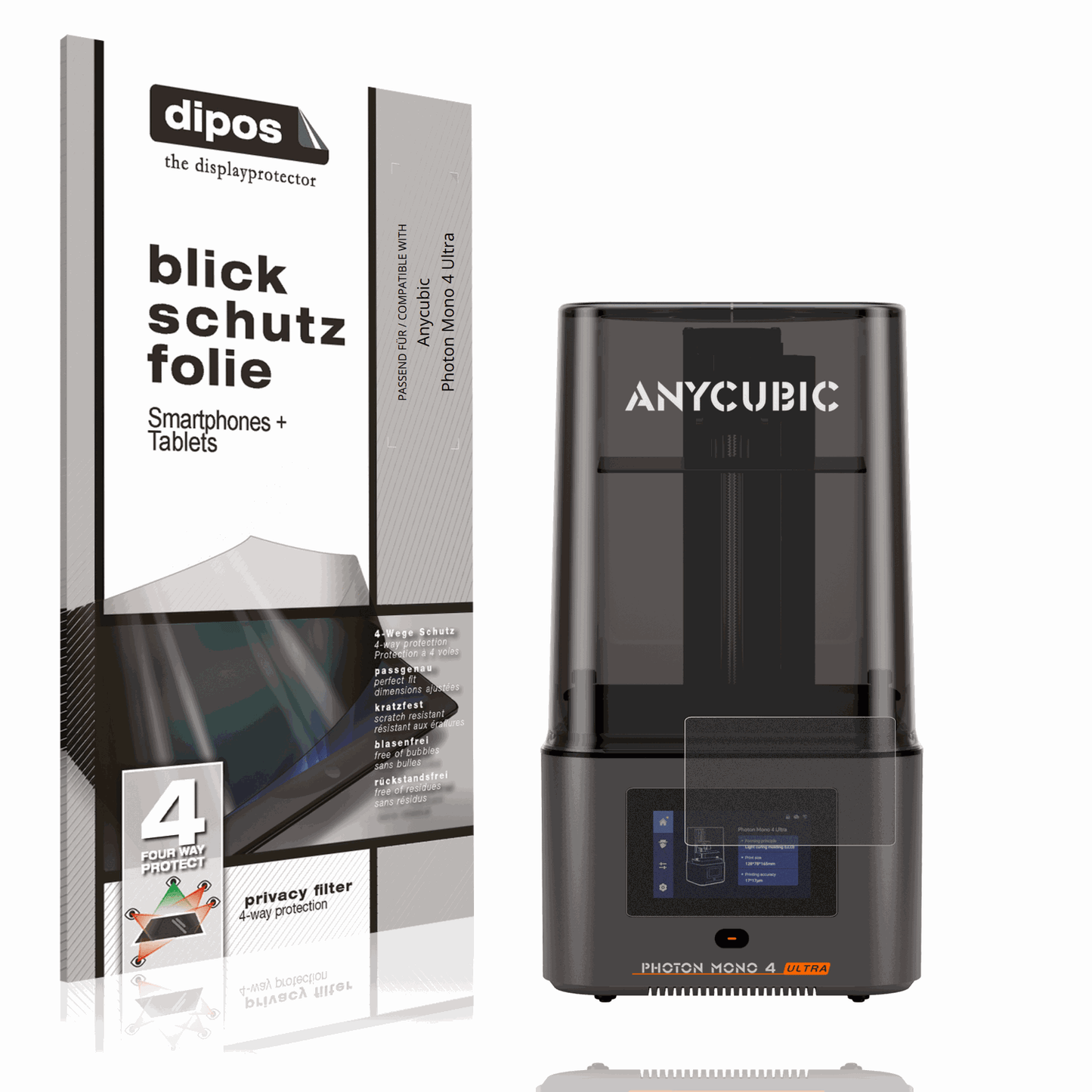 Blickschutzfolie von dipos passend für Anycubic Photon Mono 4 Ultra, präziser Zuschnitt und blasenfrei montiert