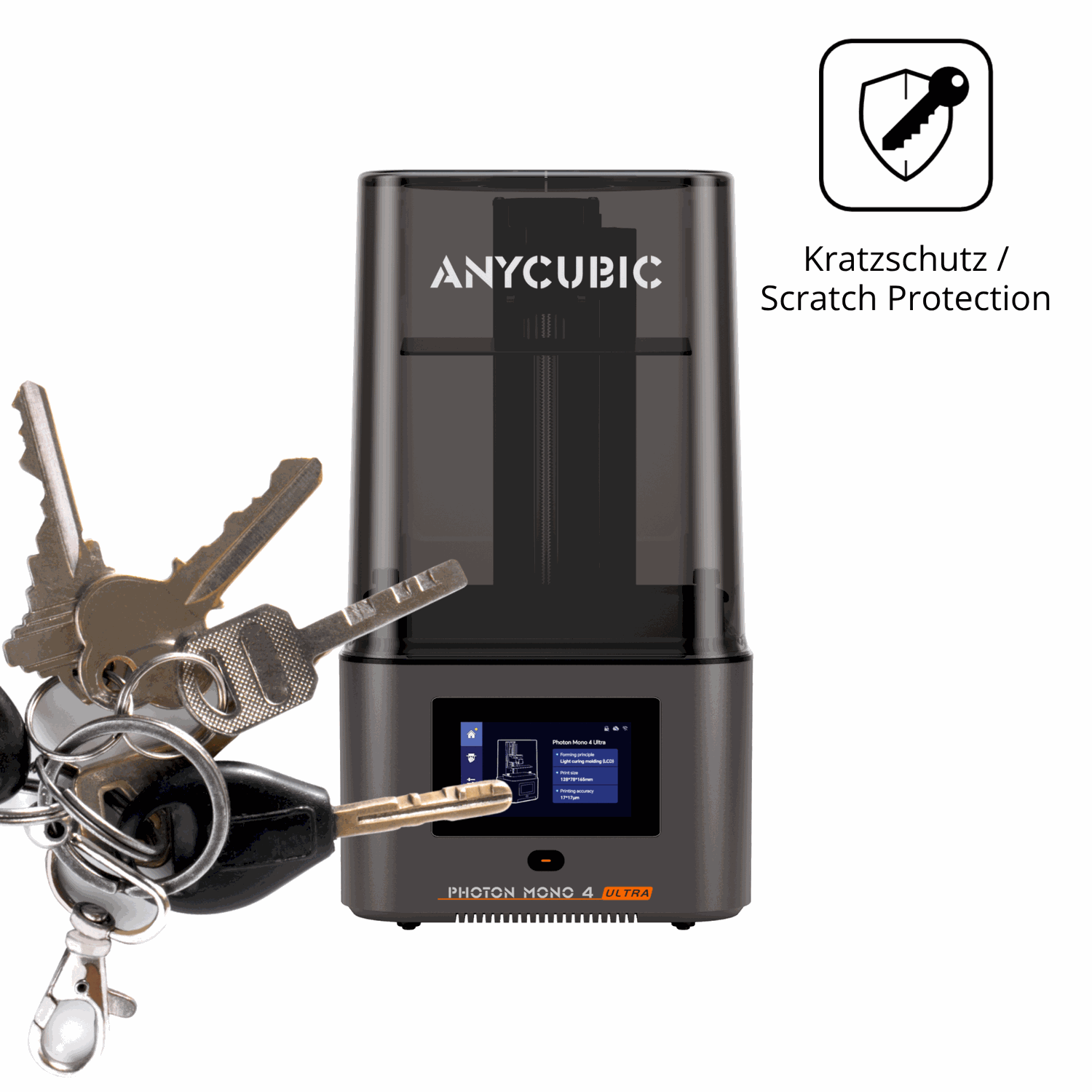 Schutz gegen Kratzer auf dem Anycubic Photon Mono 4 Ultra Glas durch Schlüssel oder Ähnliches