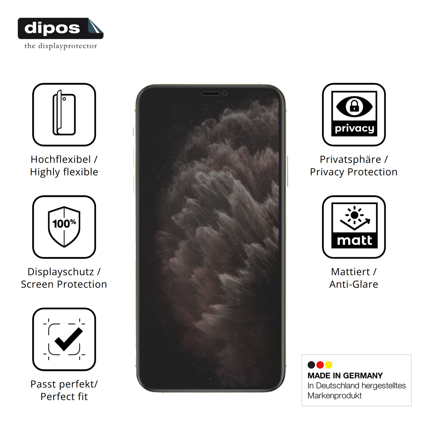 Flexible TPU-Folie passend zugeschnitten für Apple iPhone 11 Pro, mit Privatsphäre-Schutz durch Sichtschutz-Folie