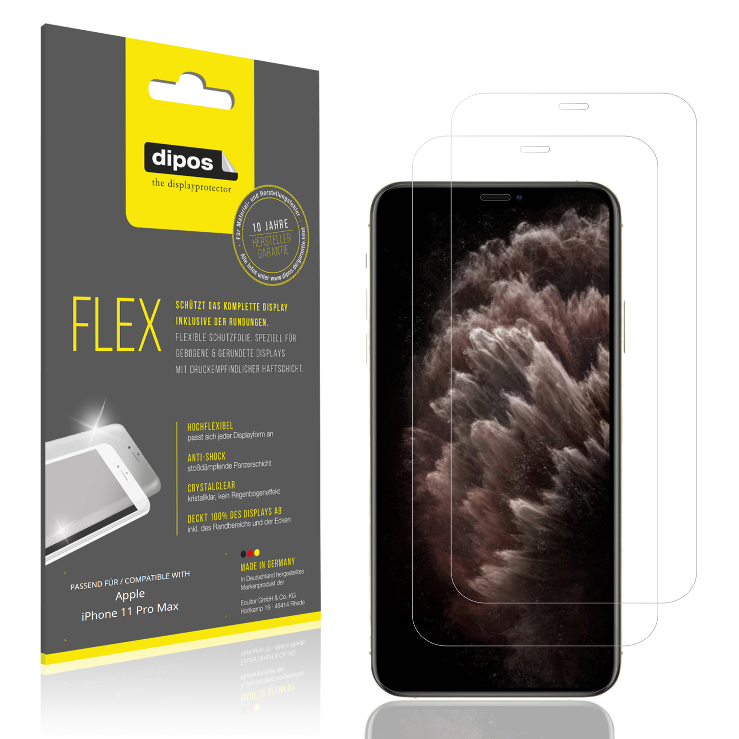 Klare Displayschutzfolie von dipos passend für Apple iPhone 11 Pro Max, 100% Displayabdeckung und blasenfreie Montage