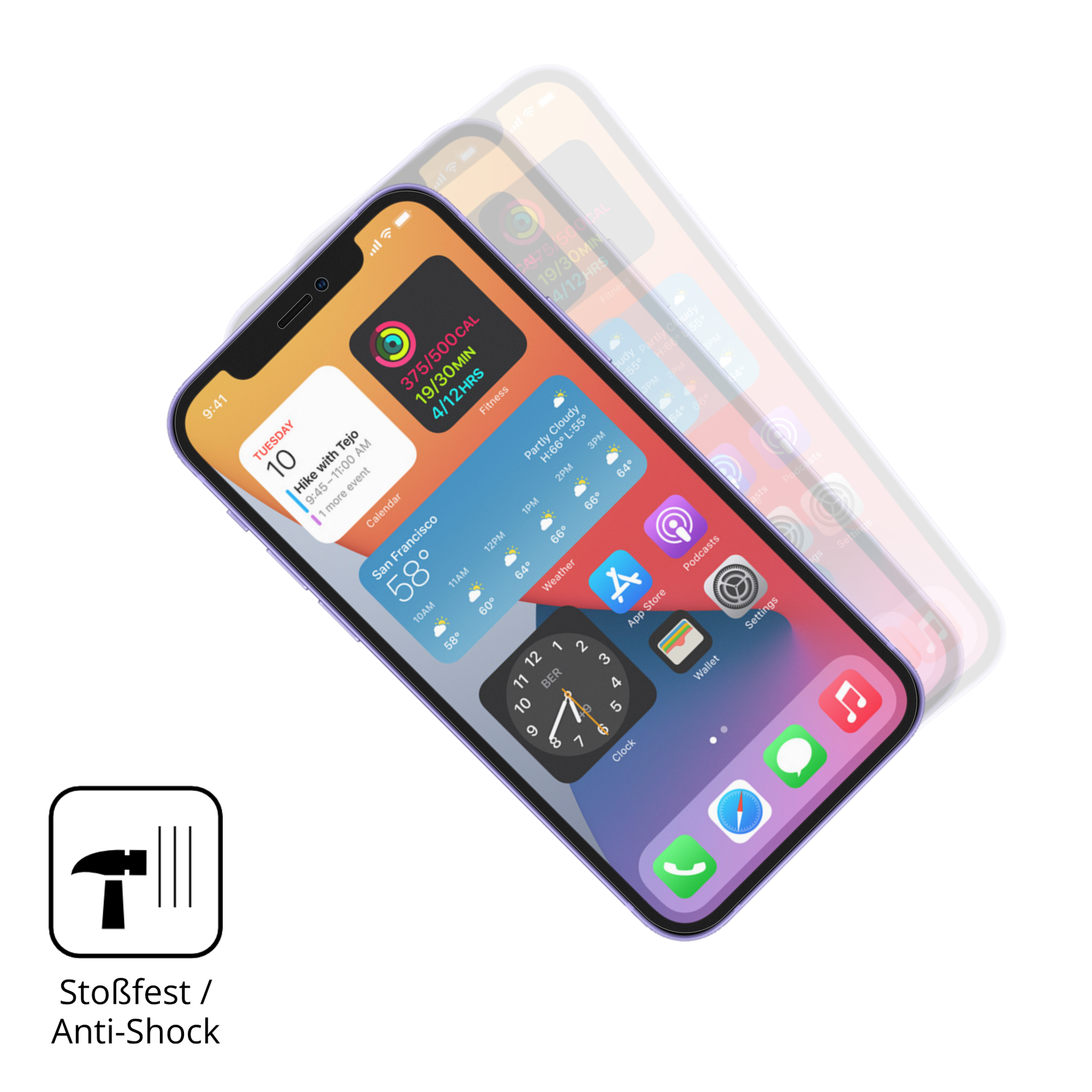 Schutz gegen Kratzer auf dem Apple iPhone 12 Glas durch Schlüssel, Stöße gegen die Tischkante oder Stürze