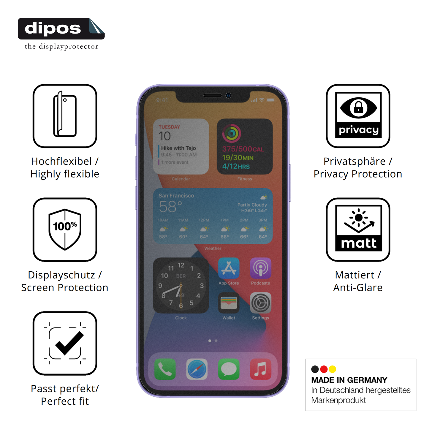 Flexible TPU-Folie passend zugeschnitten für Apple iPhone 12, mit Privatsphäre-Schutz durch Sichtschutz-Folie