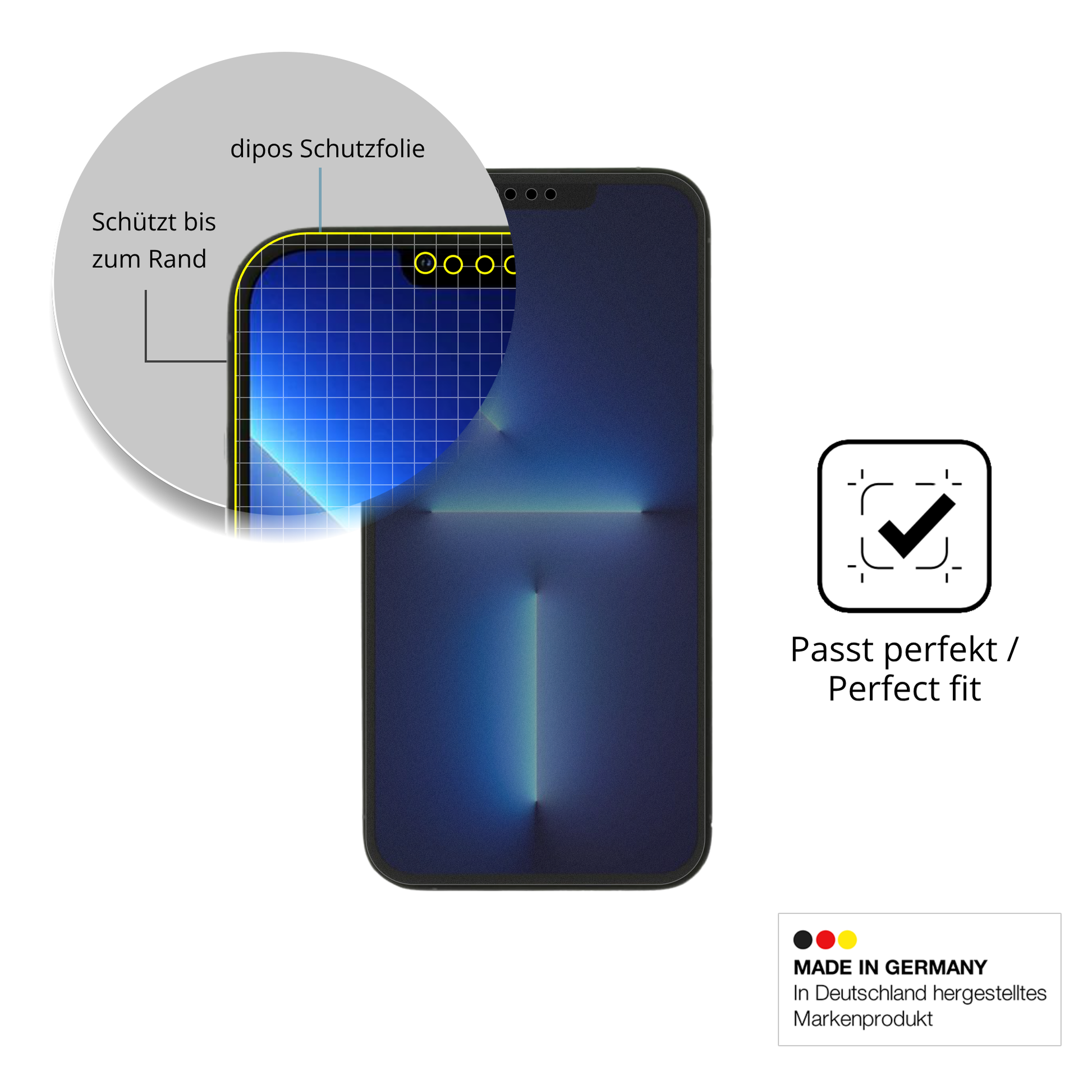 Schutz gegen Kratzer auf dem Apple iPhone 13 Glas durch Schlüssel, Stöße gegen die Tischkante oder Stürze