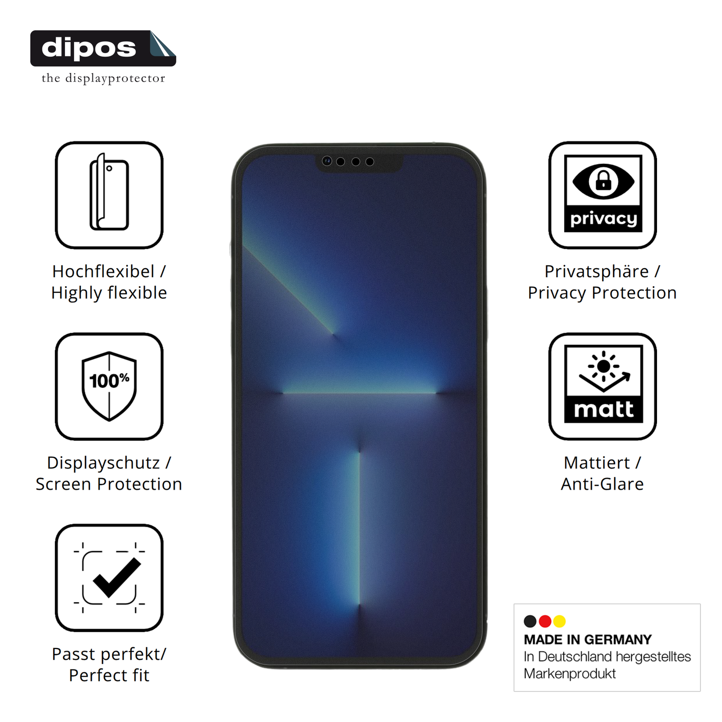 Flexible TPU-Folie passend zugeschnitten für Apple iPhone 14, mit Privatsphäre-Schutz durch Sichtschutz-Folie