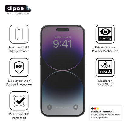 Flexible TPU-Folie passend zugeschnitten für Apple iPhone 14 Pro, mit Privatsphäre-Schutz durch Sichtschutz-Folie