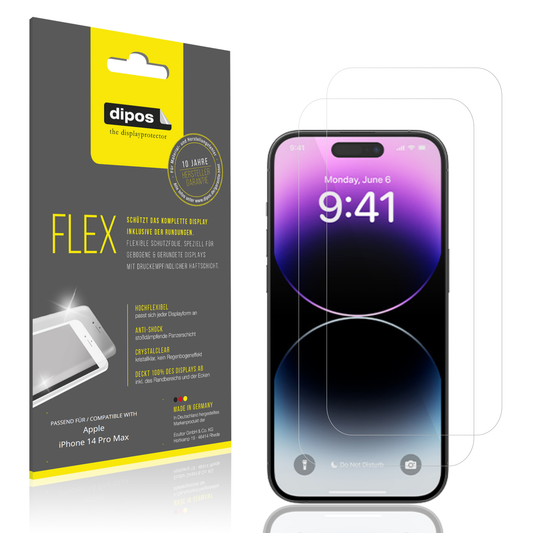 Klare Displayschutzfolie von dipos passend für Apple iPhone 14 Pro Max, 100% Displayabdeckung und blasenfreie Montage