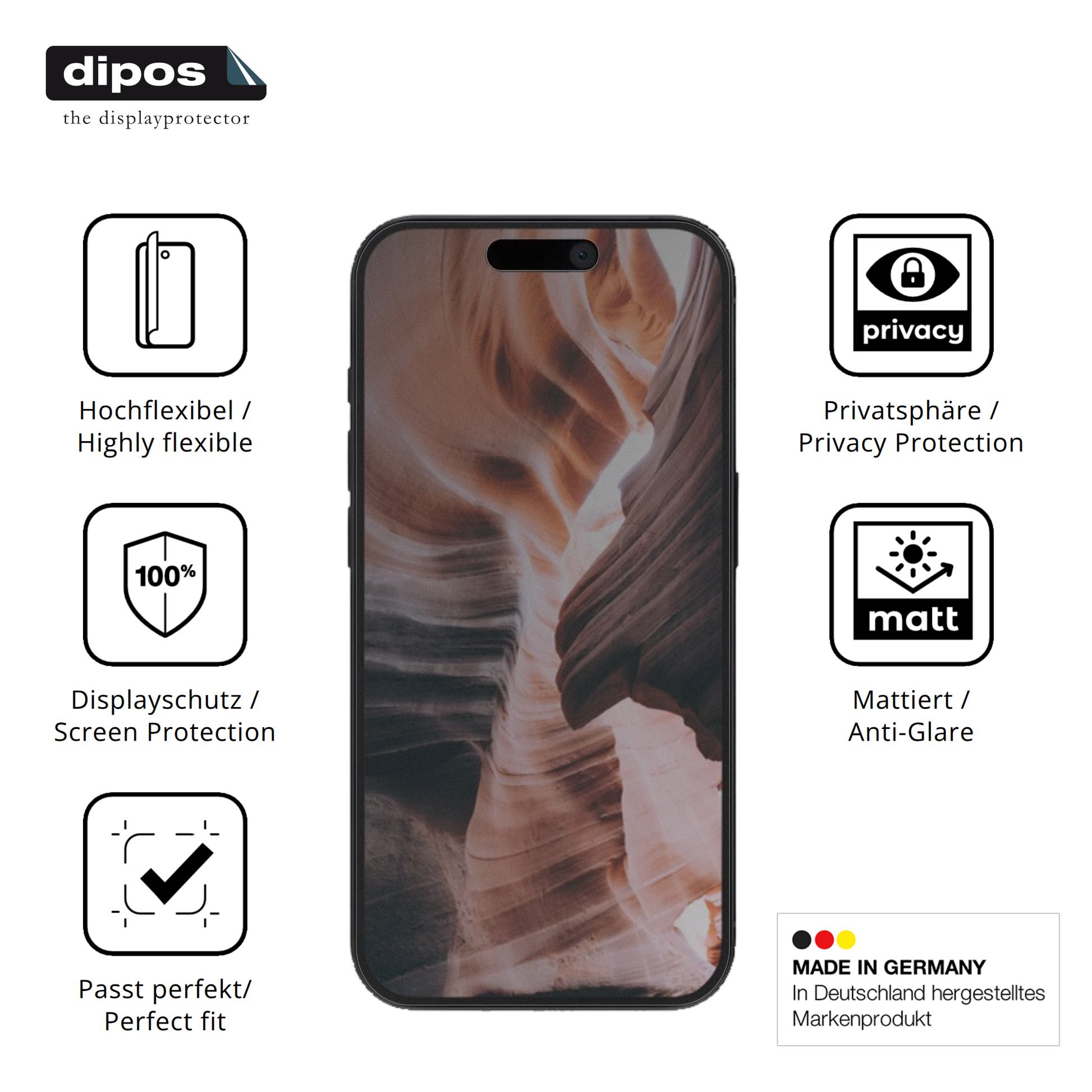 Flexible TPU-Folie passend zugeschnitten für Apple iPhone 15 Pro, mit Privatsphäre-Schutz durch Sichtschutz-Folie