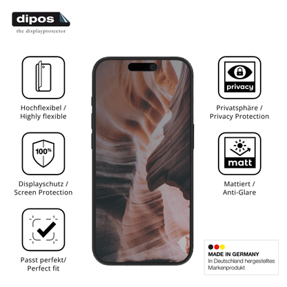 Flexible TPU-Folie passend zugeschnitten für Apple iPhone 15 Pro, mit Privatsphäre-Schutz durch Sichtschutz-Folie