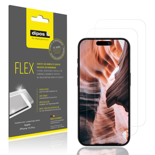 Klare Displayschutzfolie von dipos passend für Apple iPhone 15 Pro, 100% Displayabdeckung und blasenfreie Montage