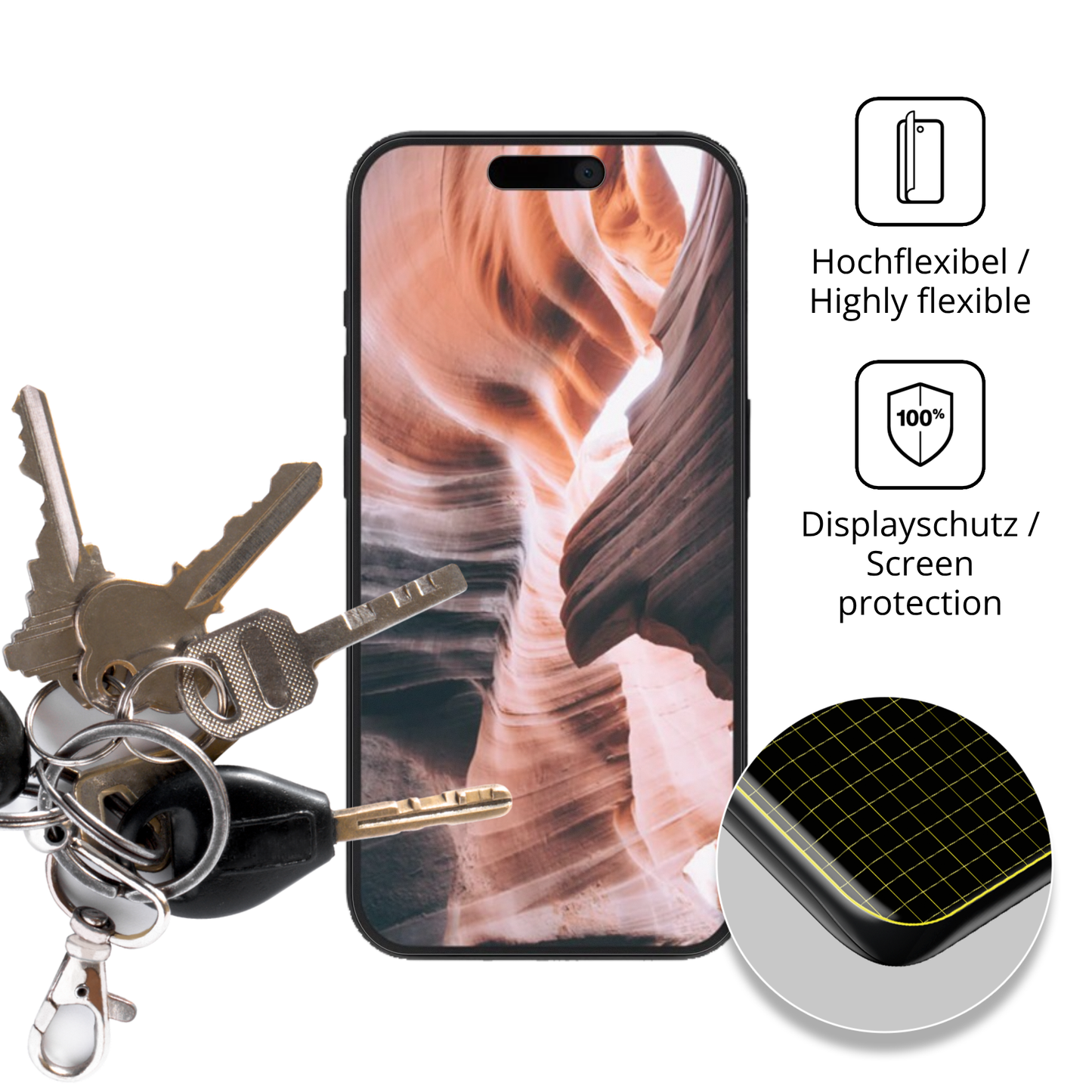 dipos Displayschutz für Apple iPhone 15, transparente Oberfläche, perfekte Passform auch für die Rundungen