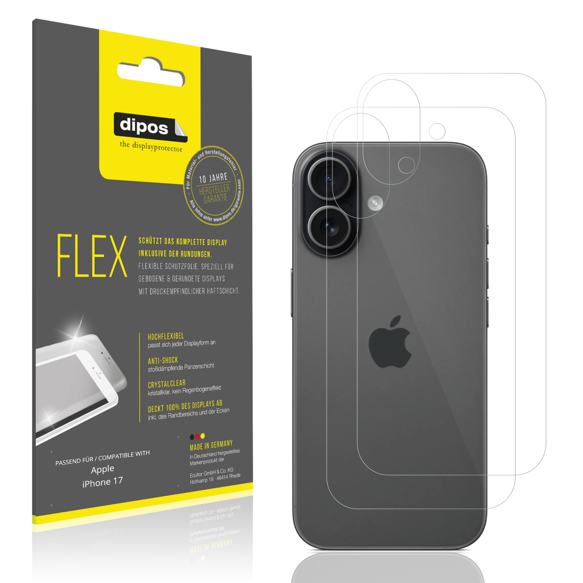Klare Displayschutzfolie von dipos passend für Apple iPhone 17 Rückseite, 100% Displayabdeckung und blasenfreie Montage