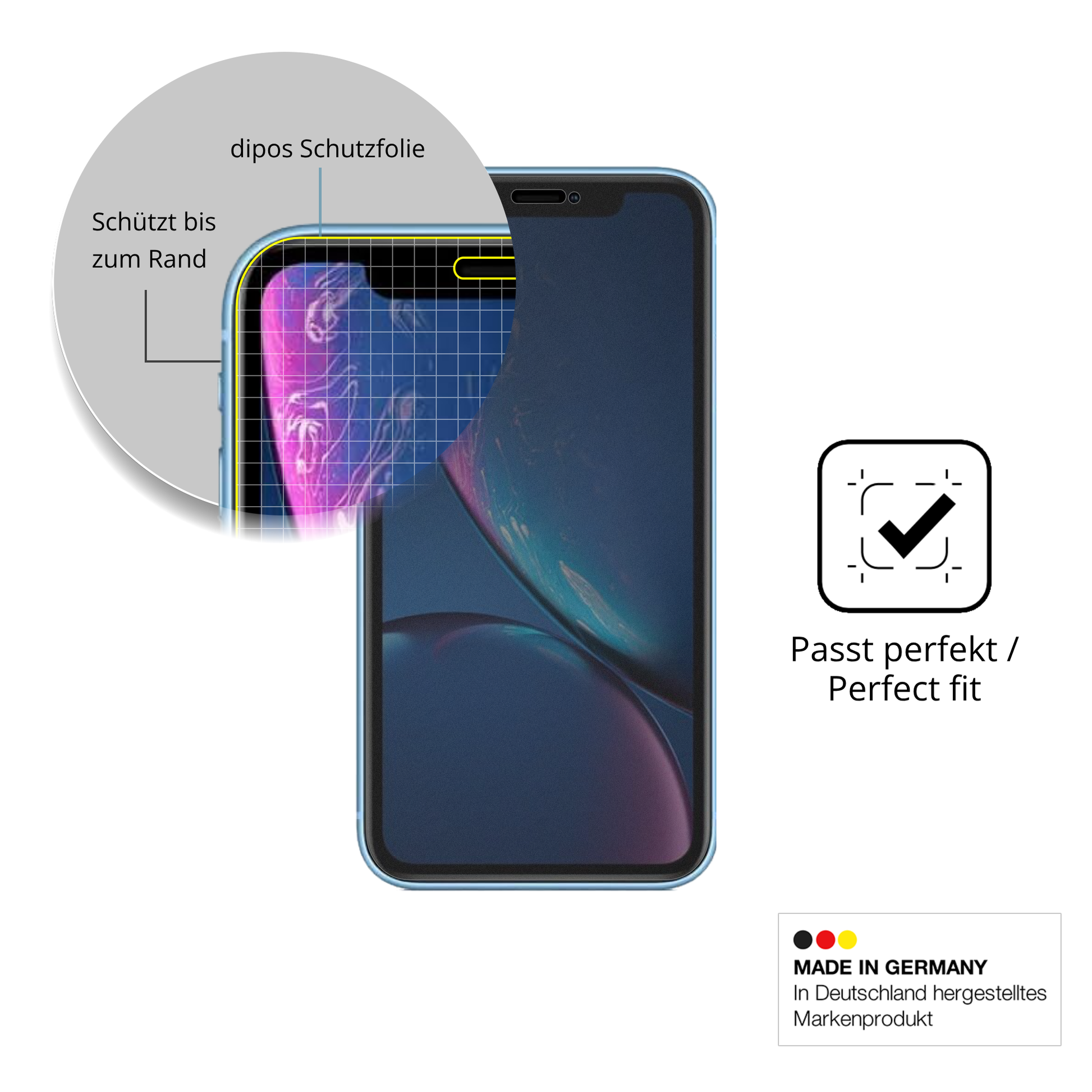 Schutz gegen Kratzer auf dem Apple iPhone XR Glas durch Schlüssel, Stöße gegen die Tischkante oder Stürze