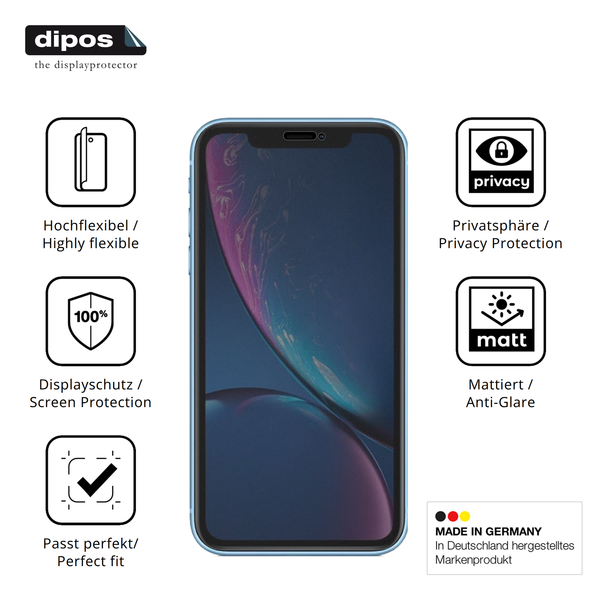 Flexible TPU-Folie passend zugeschnitten für Apple iPhone XR, mit Privatsphäre-Schutz durch Sichtschutz-Folie