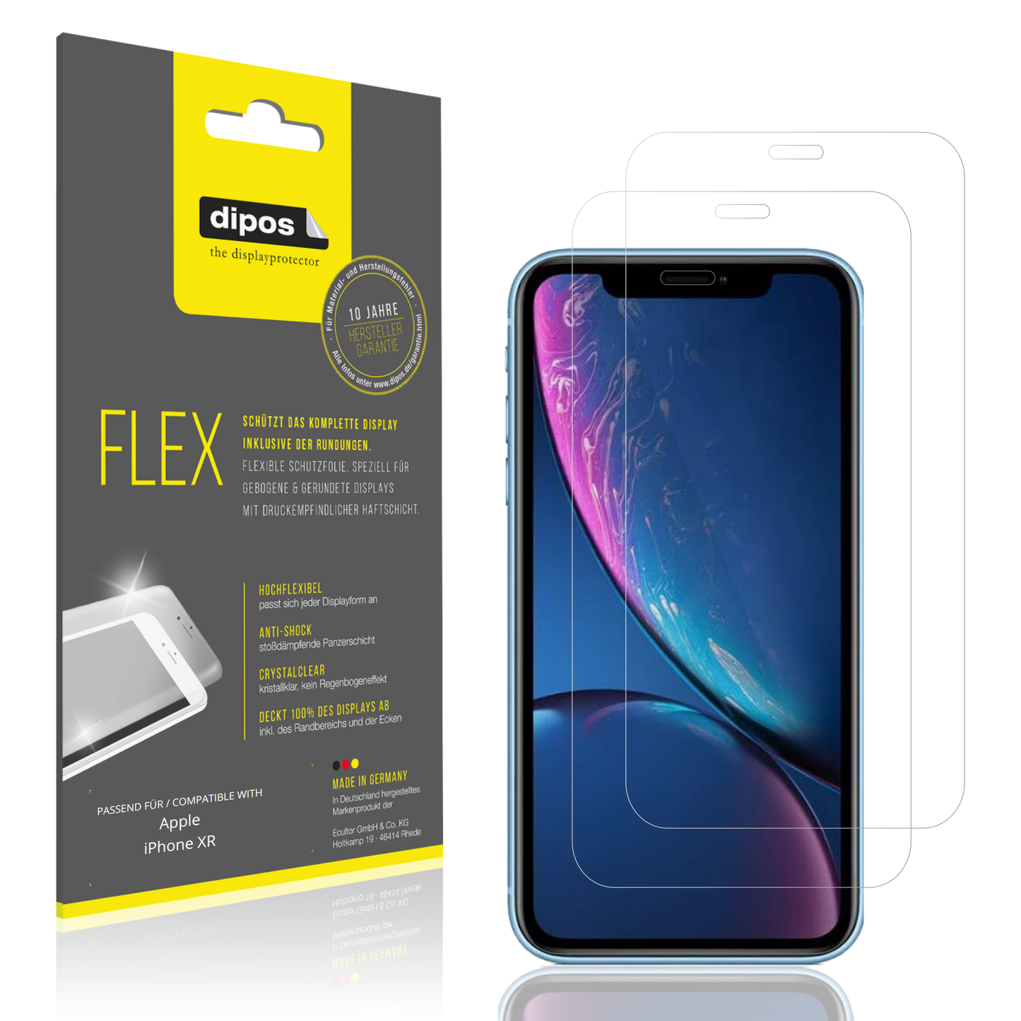 Klare Displayschutzfolie von dipos passend für Apple iPhone XR, 100% Displayabdeckung und blasenfreie Montage