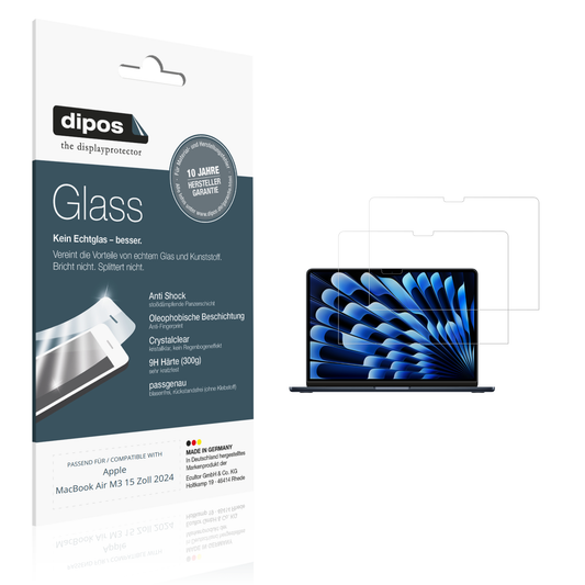 Klare Displayschutzfolie von dipos passend für Apple MacBook Air M3 15 Zoll 2024, 9H kratzfest und blasenfrei montiert