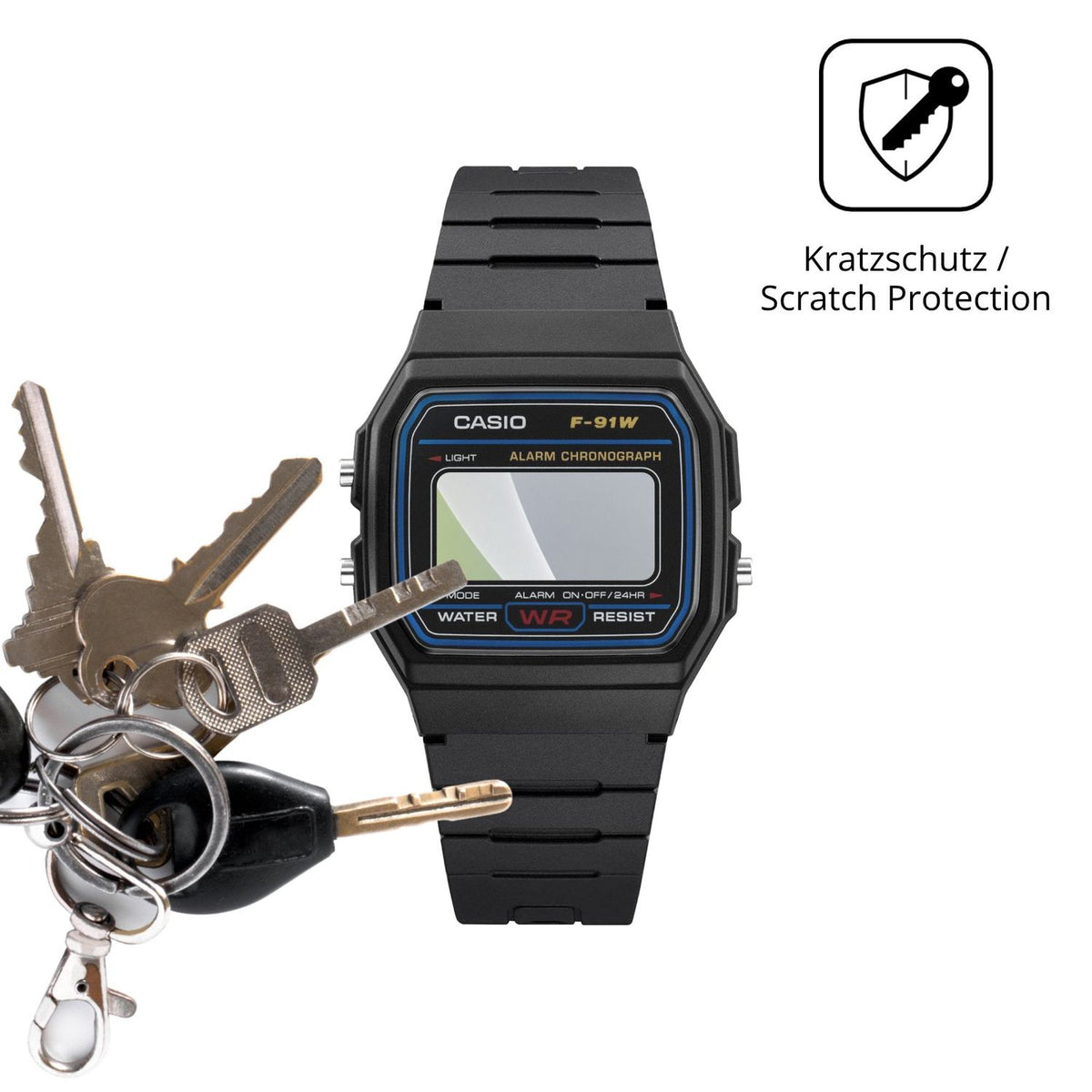 Schutz gegen Kratzer auf dem Casio F-91WF-1A Glas durch Schlüssel oder Ähnliches
