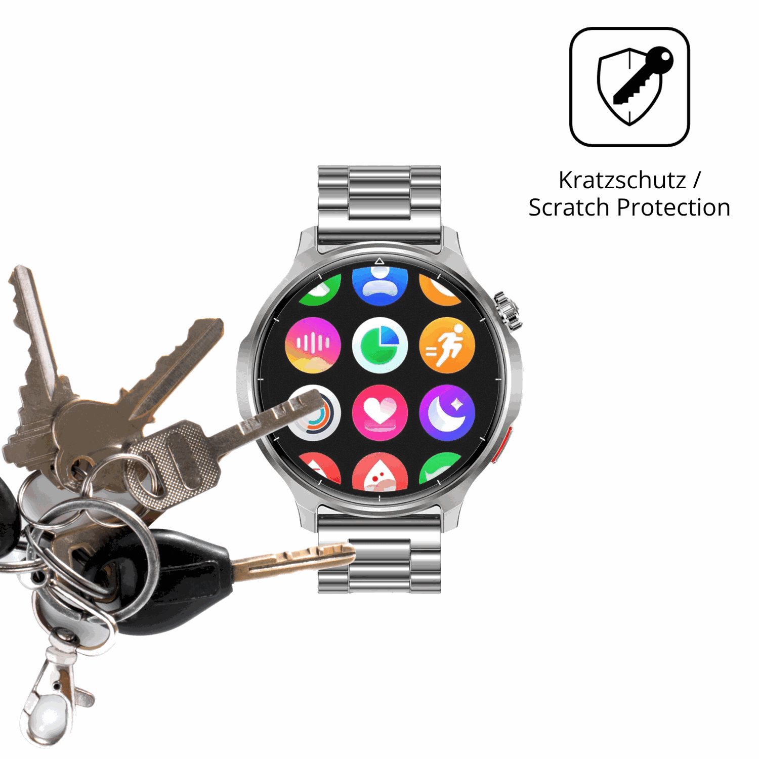 Schutz gegen Kratzer auf dem Fitdafit 1.52 Zoll Smartwatch Glas durch Schlüssel oder Ähnliches