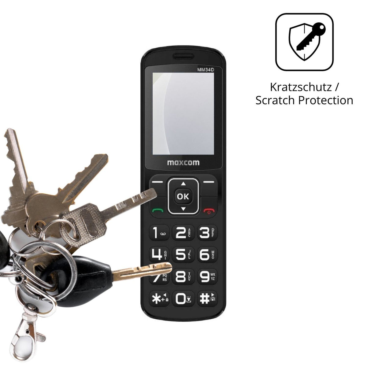 Schutz gegen Kratzer auf dem MaxCom Comfort MM34D 4G Glas durch Schlüssel oder Ähnliches