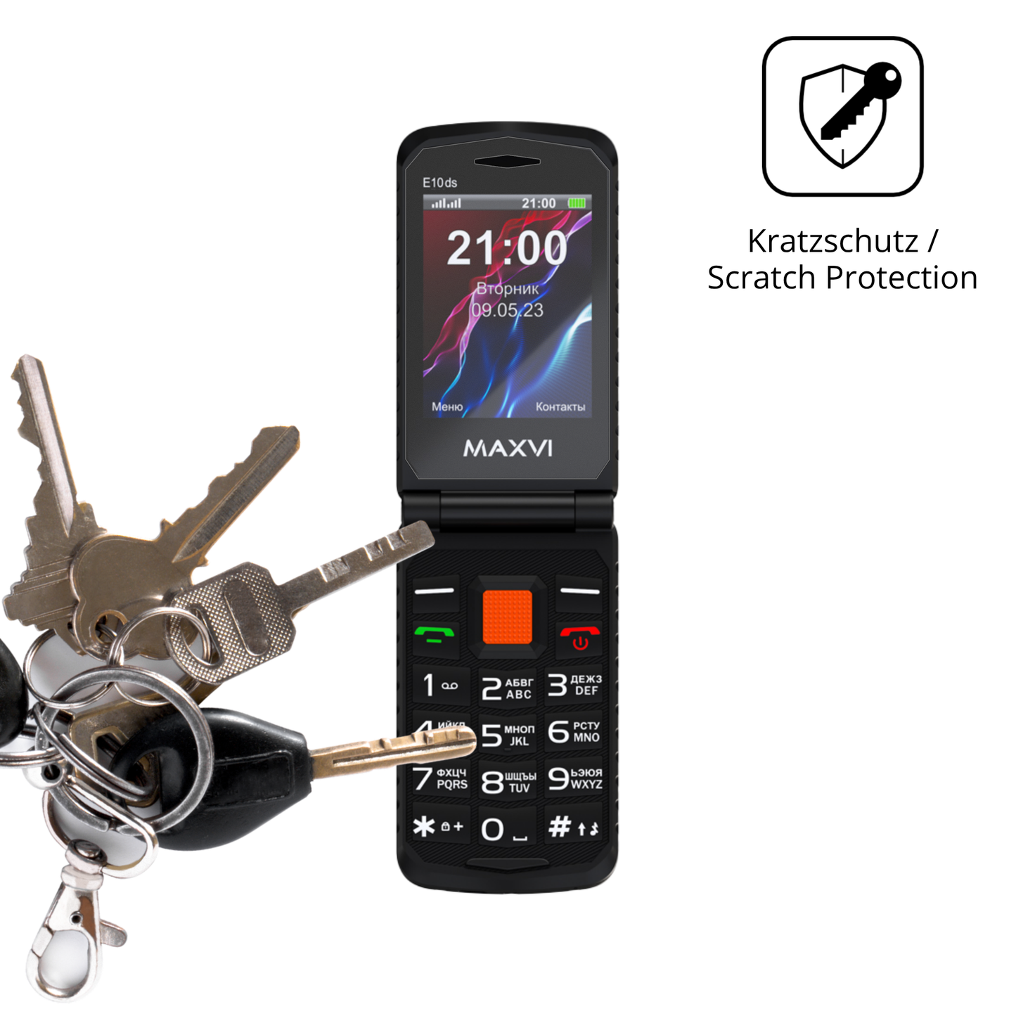 Schutz gegen Kratzer auf dem Maxvi E10ds Glas durch Schlüssel oder Ähnliches