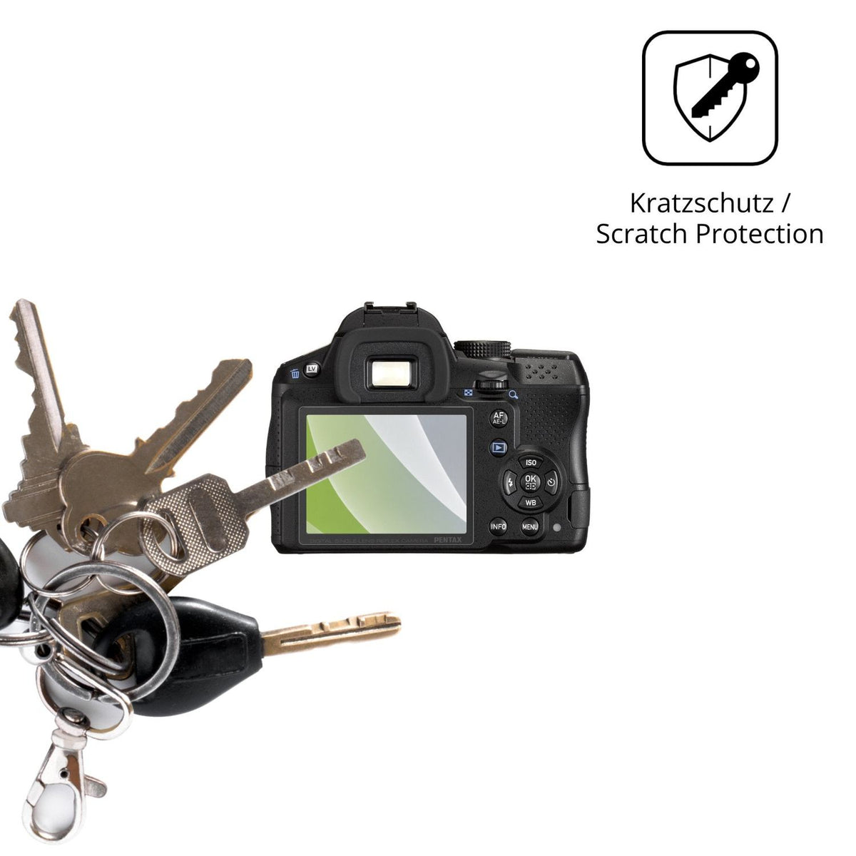 Schutz gegen Kratzer auf dem Pentax K-30 Glas durch Schlüssel oder Ähnliches