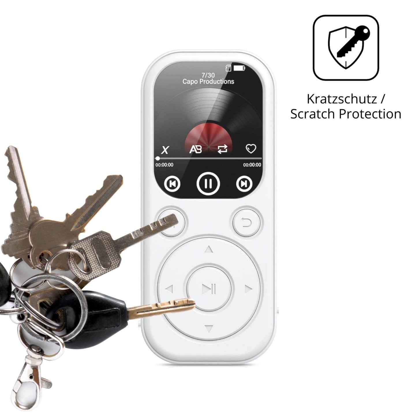 Schutz gegen Kratzer auf dem RWSRW MP301-BS MP3-Player Glas durch Schlüssel oder Ähnliches