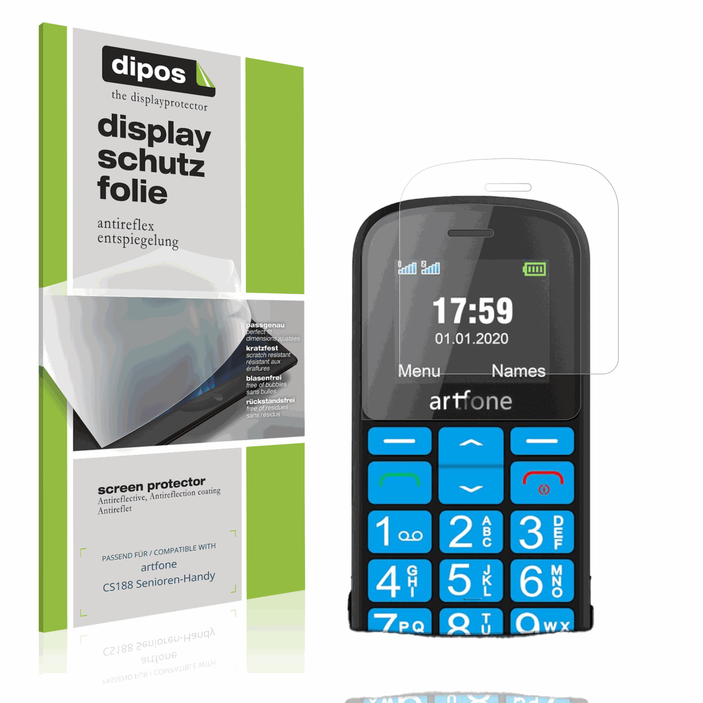 Matte Displayschutzfolie von dipos passend für artfone CS188 Senioren-Handy, präziser Zuschnitt und blasenfrei montiert