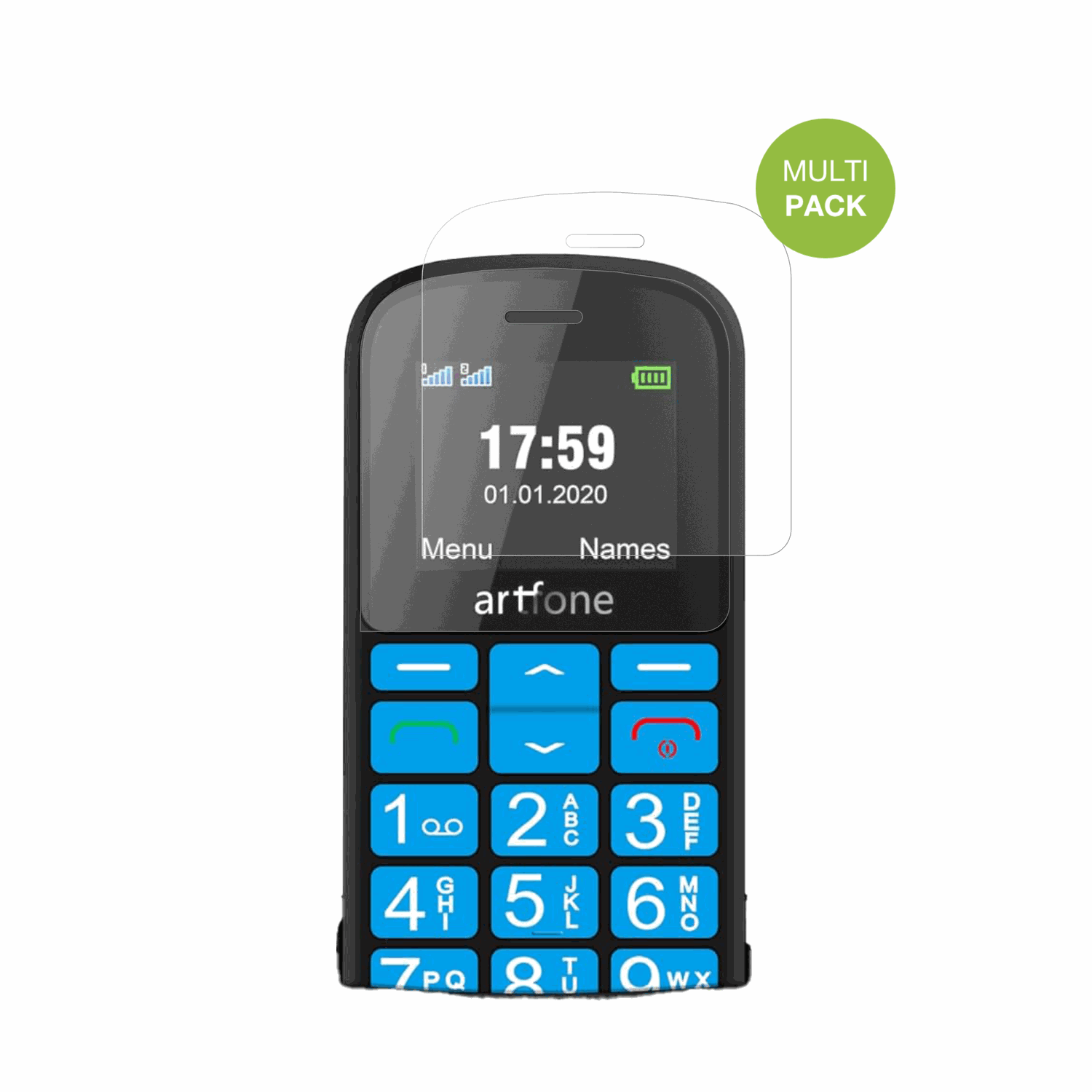 artfoneCS188 Senioren-Handy mit aufgebrachter dipos Displayschutzfolie, die lästige Fingerabdrücke minimiert